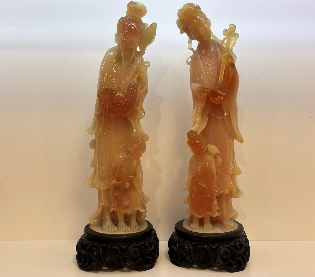 Antique Qing Dynasty Carved Chinese Statues Figurines Wood Stand 16.5”