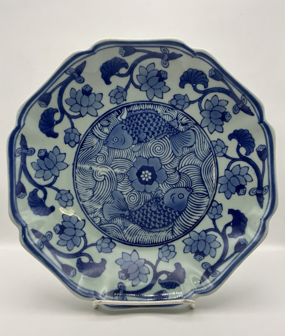 Vintage Chinese Blue and White Koi Fish Plate - 1950s De Chang Tao Ci
