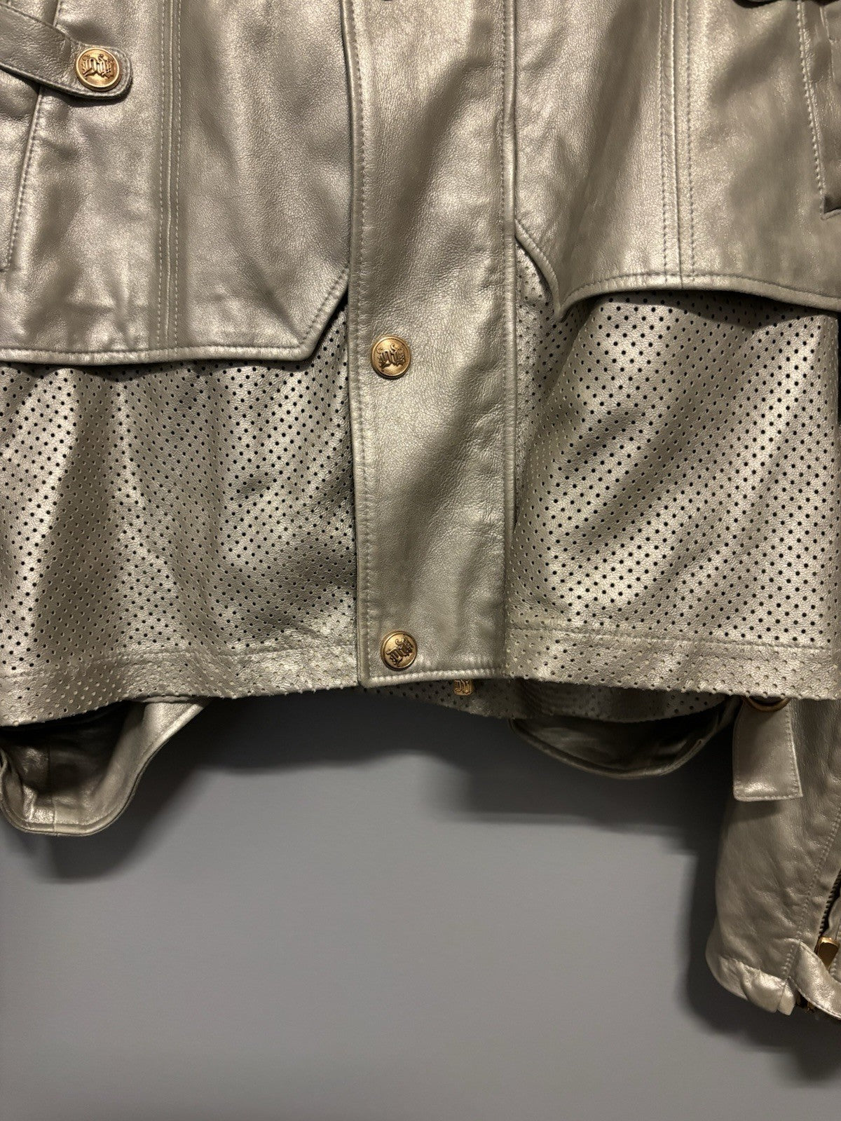 Versace Women silver metallic perforated leather jacket Size S