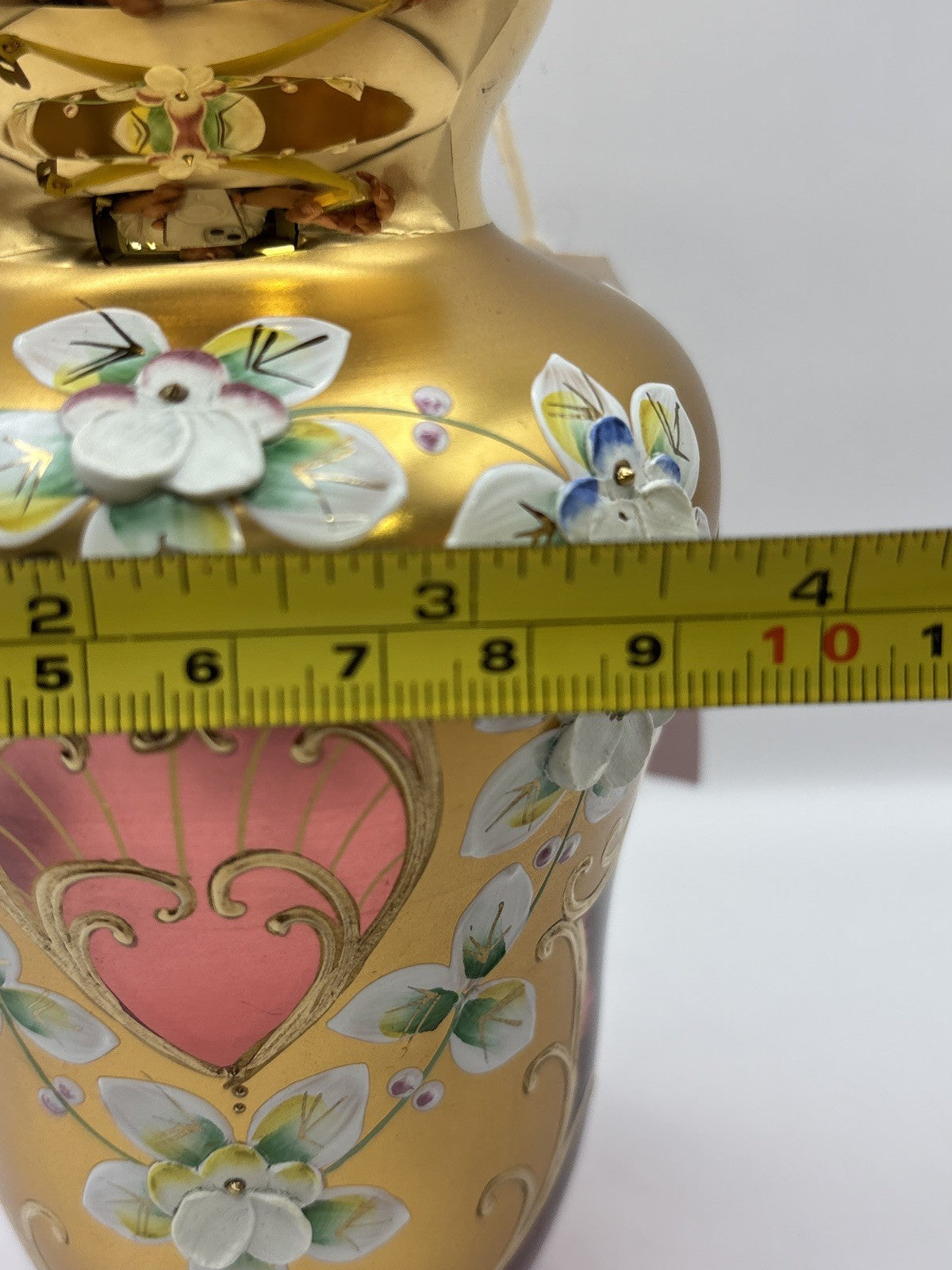 Vintage Bohemia Czech Crystal Flower Vase Gold Gilded Floral Hand Painted 5.7”