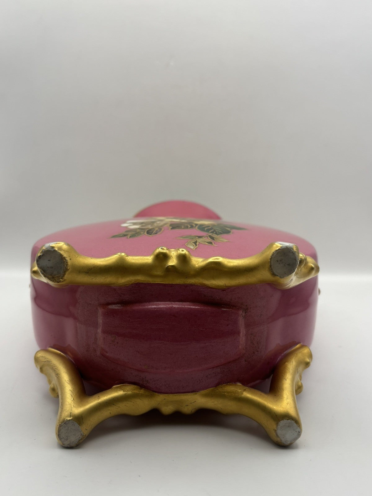 Antique Pink Porcelain Vase Hand-Painted Floral Design Gold Trim 9.1” Tall