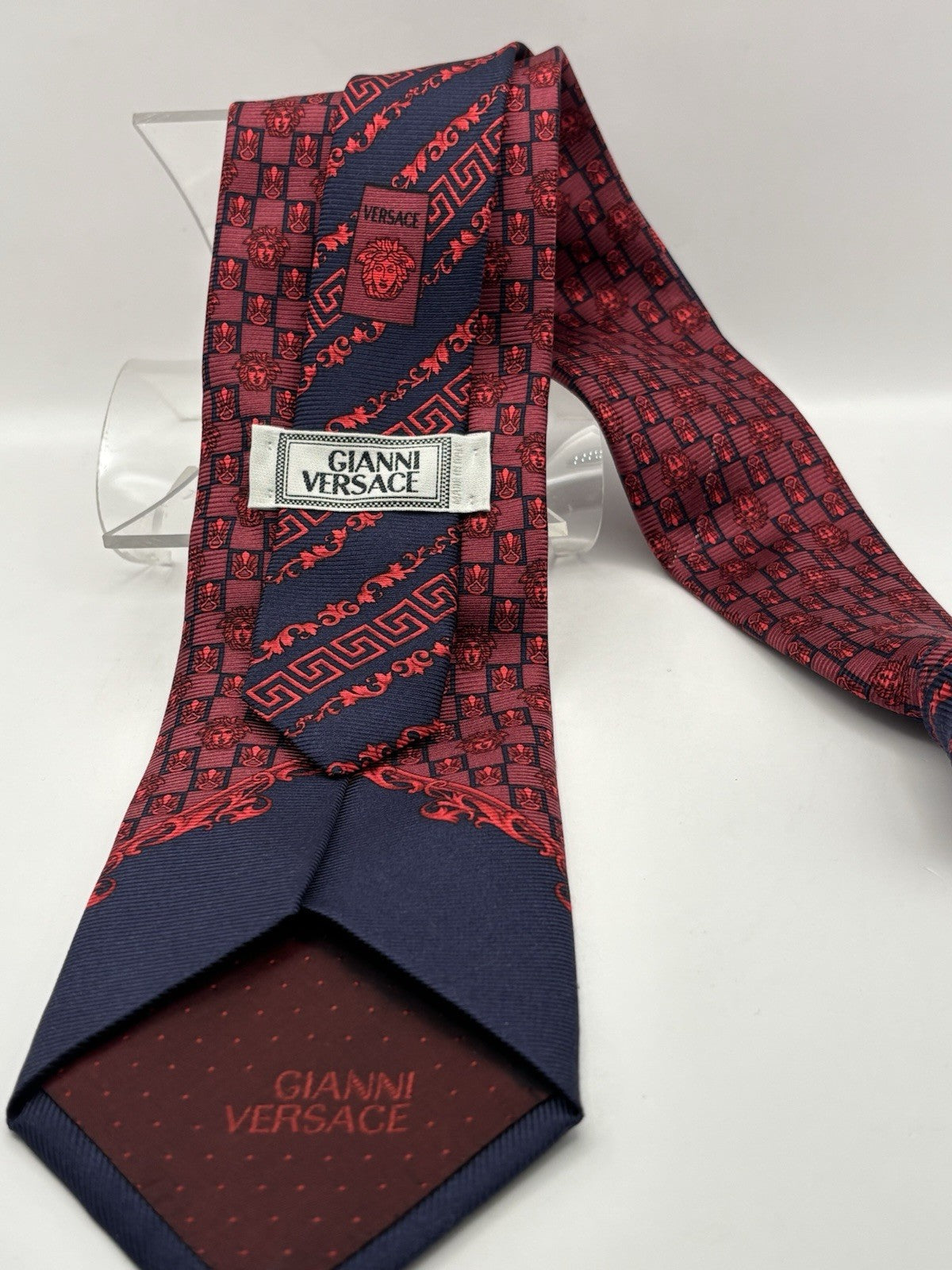 Gianni Versace silk tie red and black checkerboard pattern Medusa head logos