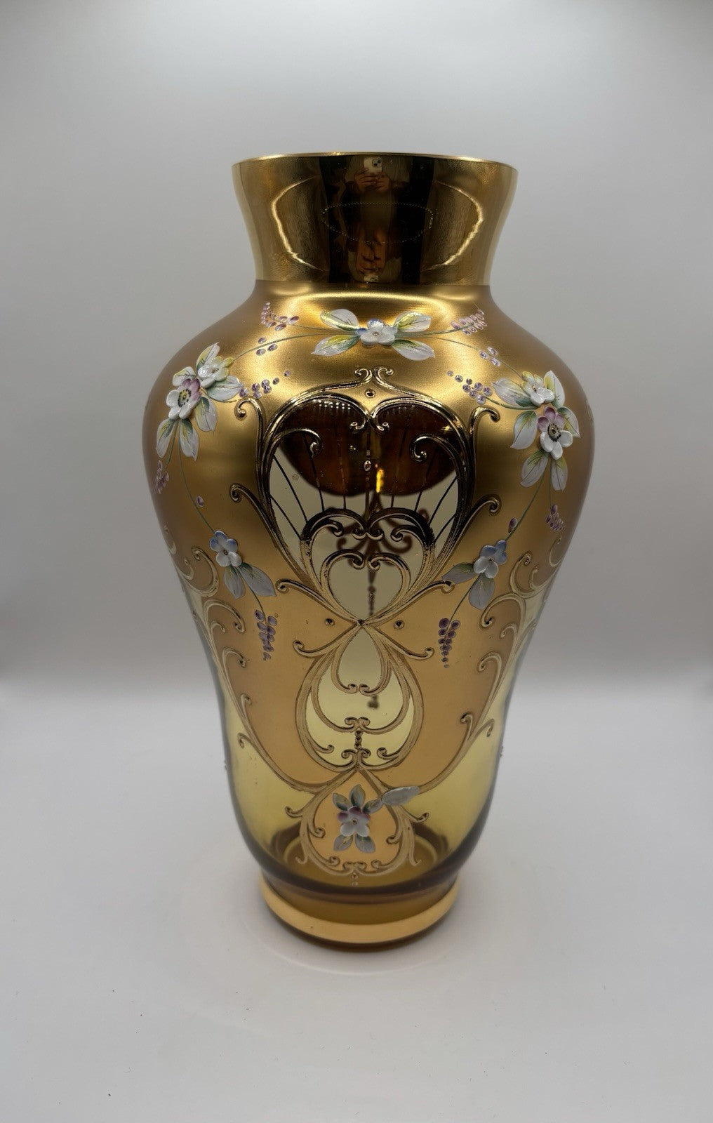 Vintage Gold Enameled Vase Hand Painted Floral Bohemia Czech Glass Art Deco 10"