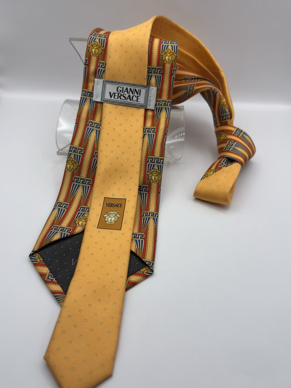 Versace silk necktie vibrant gold, Orange and blue color  Medusa head pattern