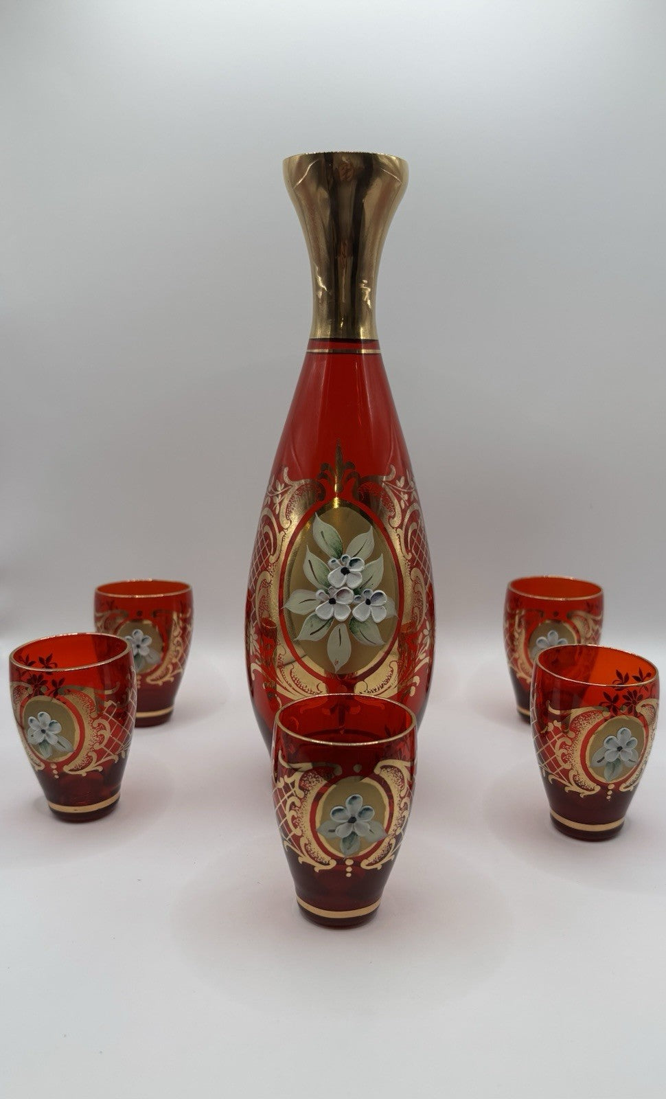 Bohemia Glass Gold Enamel Ruby Red Set With 6 Cordial Glasses Red Gold