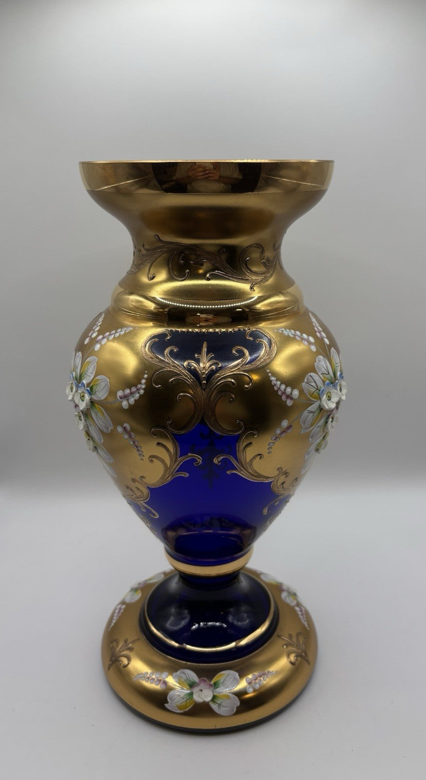 VTG Bohemia Czech 24k Gold Incrusted & Enamel Cobalt Blue Crystal Vase 10.5”