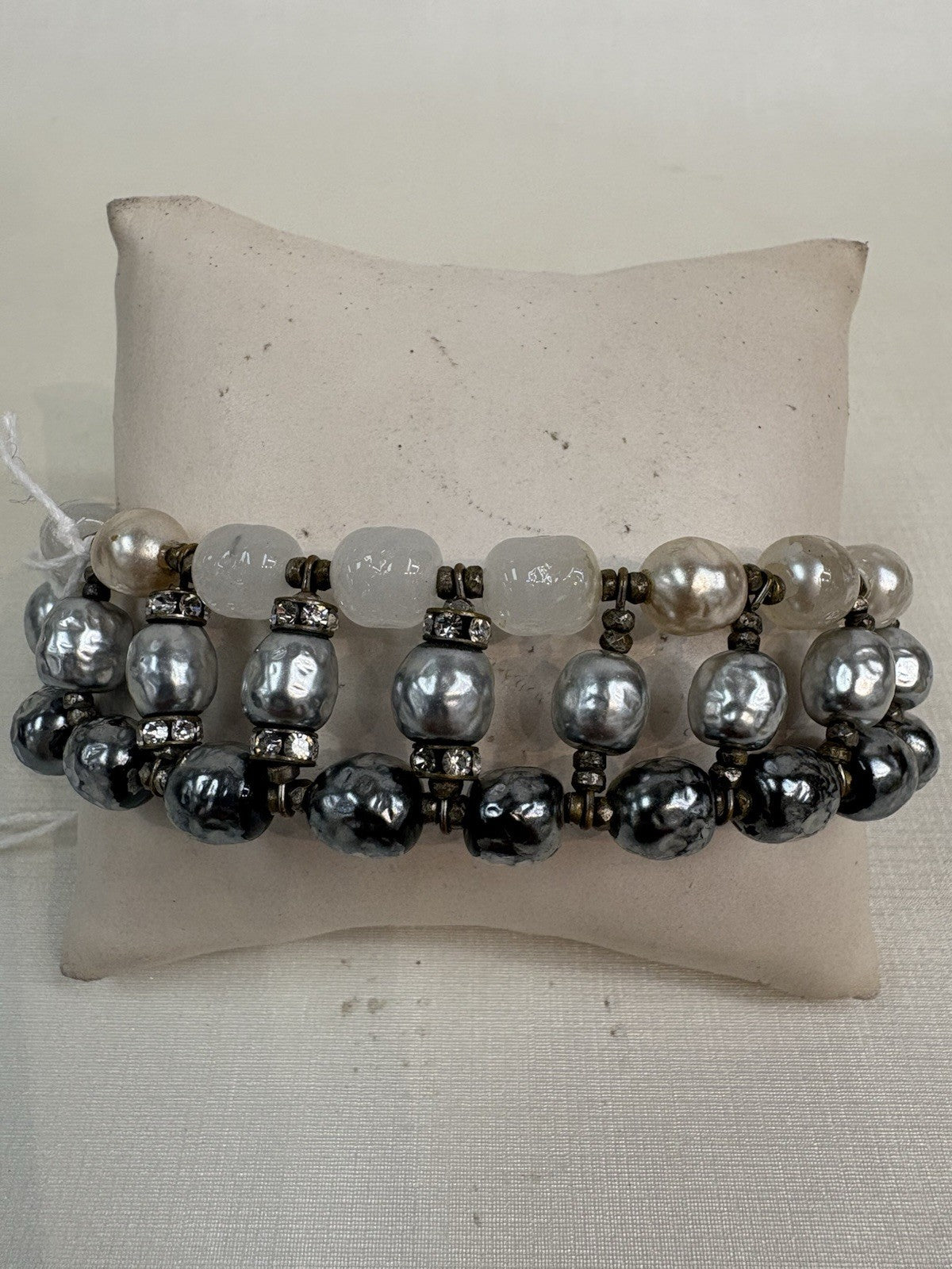 Miriam Haskell Vintage Pearl Rhinestone 3-Row Bracelet Signed Rare