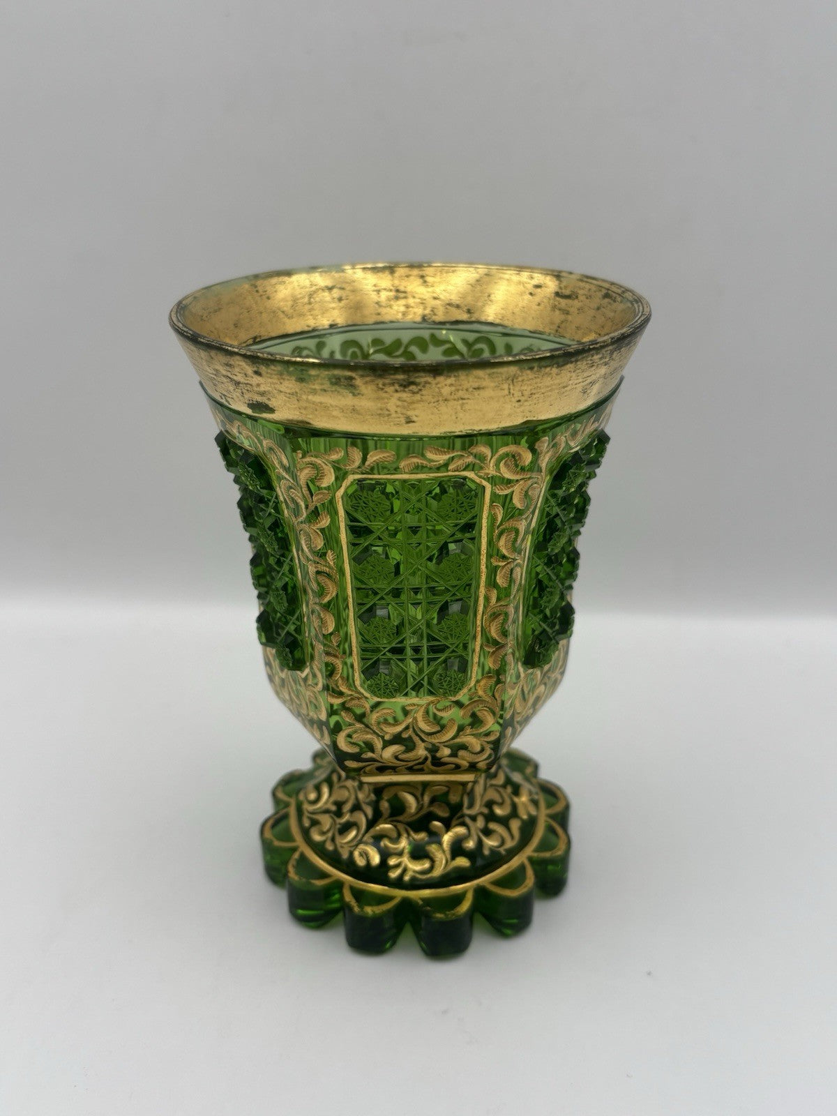 Bohemian Czech glass vase featuring hand-painted gold trim and panels 5.1”