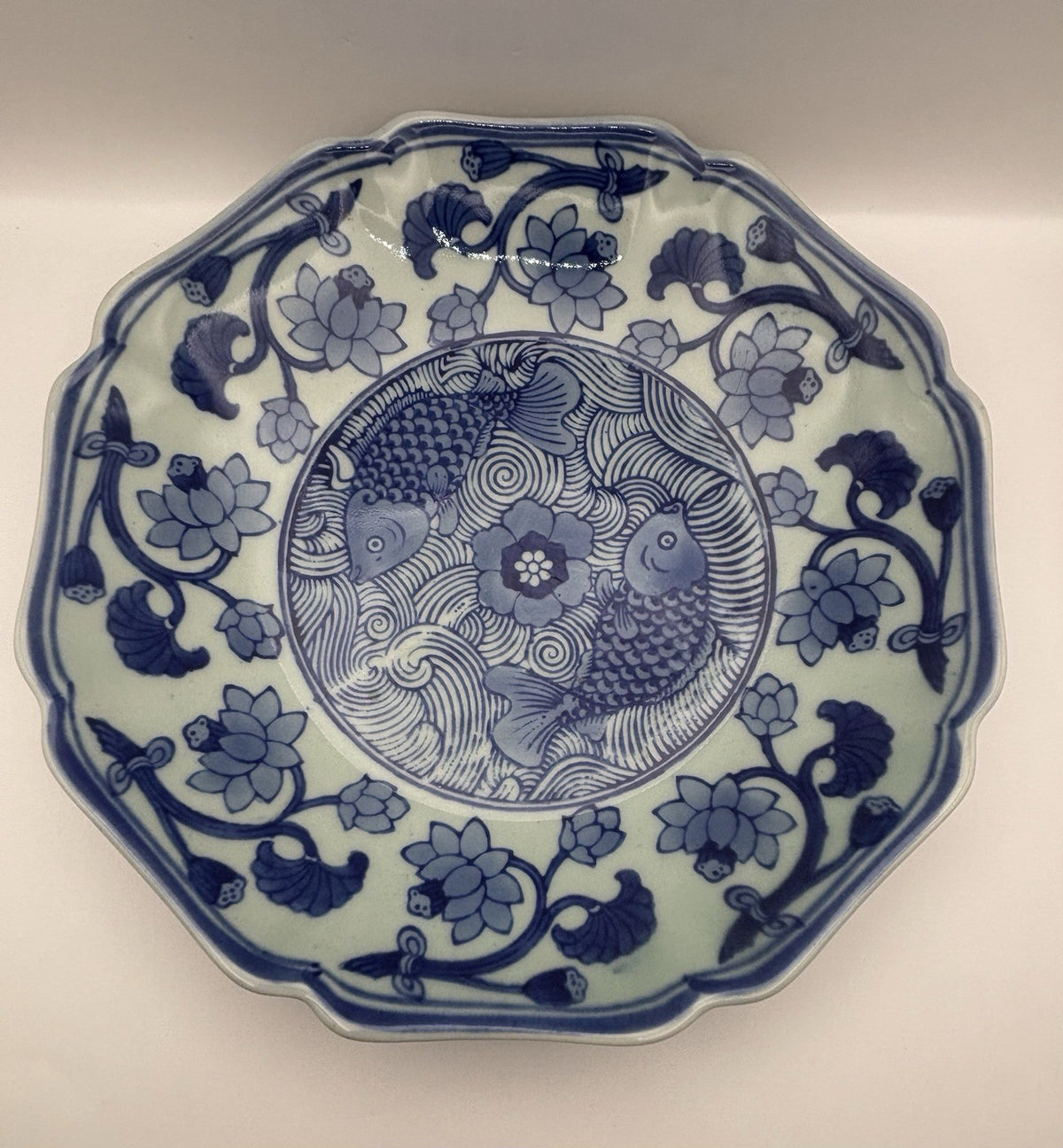 Vintage Chinese Blue and White Koi Fish Plate - 1950s De Chang Tao Ci