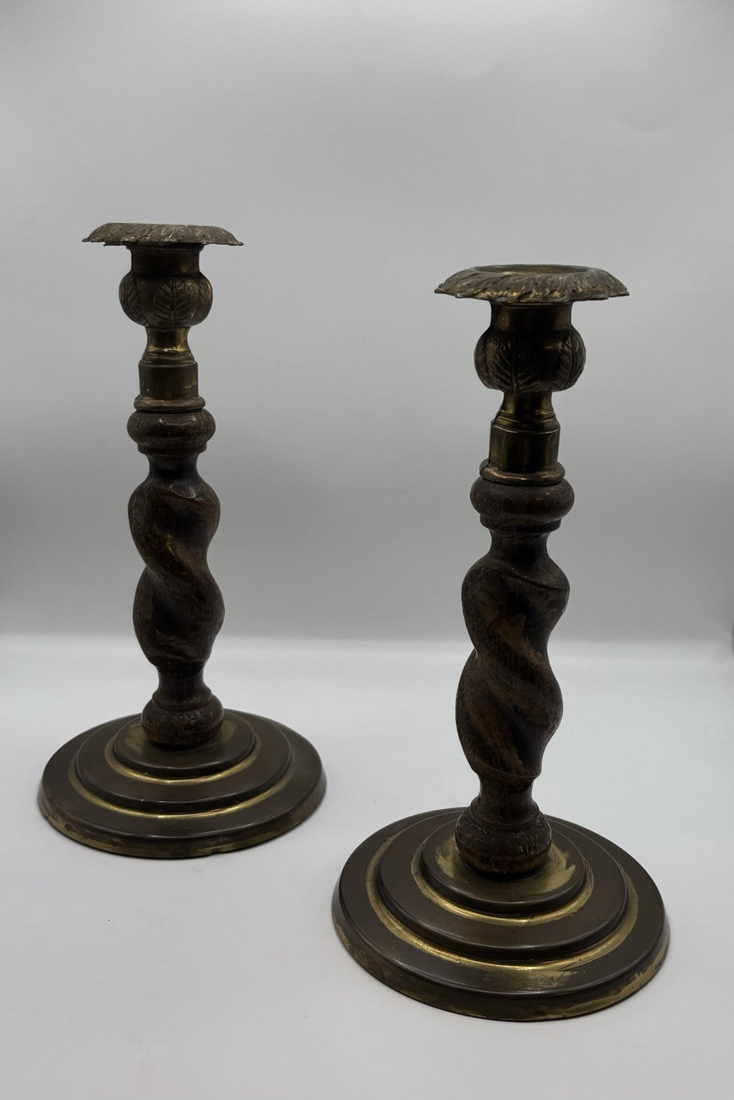 1800s Antique Barley Twist and Brass English Candlesticks Pair