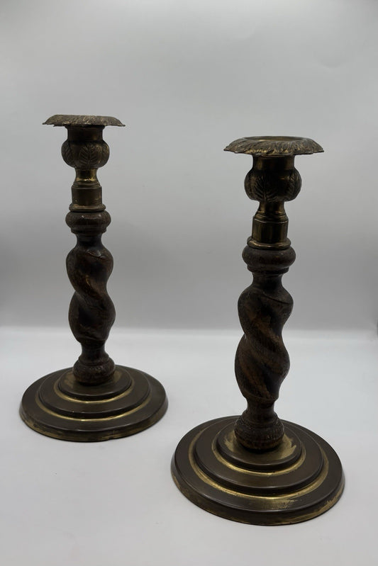 1800s Antique Barley Twist and Brass English Candlesticks Pair