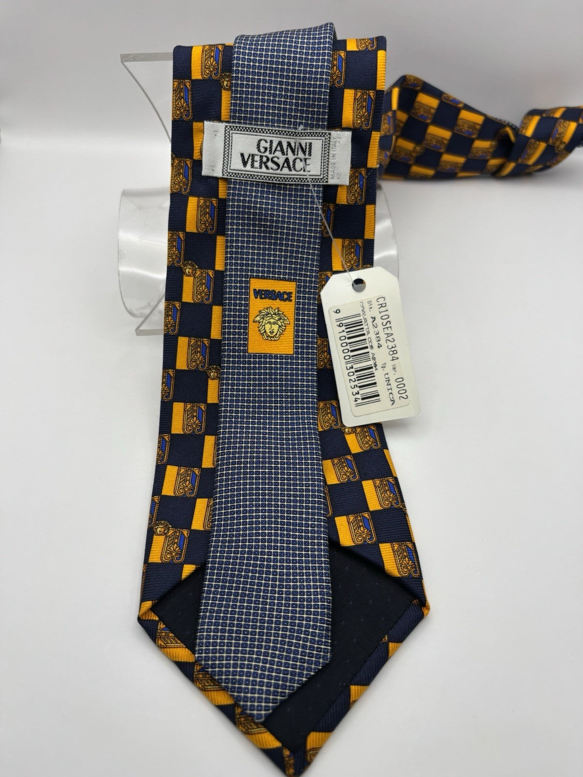 Gianni Versace Necktie 100% Silk Checkerboard Pattern with Gold and Blue. New
