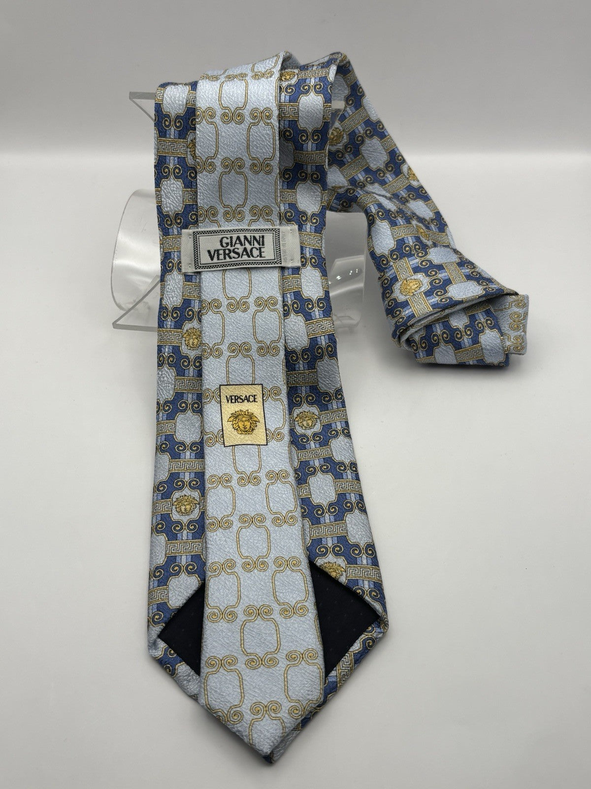 Versace silk necktie vibrant blue and gold geometric pattern W Medusa head logo
