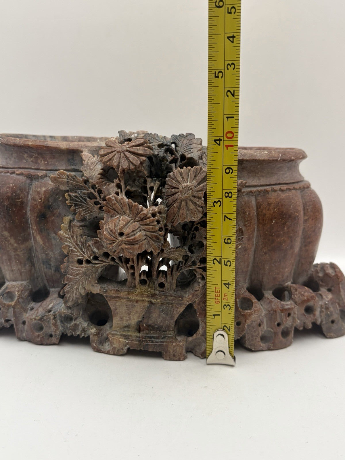 Vintage Chinese hand-carved soapstone double vessel and floral sculpture