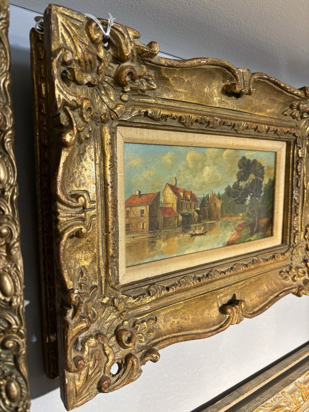 Antique Dutch Countryside Oil Painting On Canvas In a Gilded Wood Frame