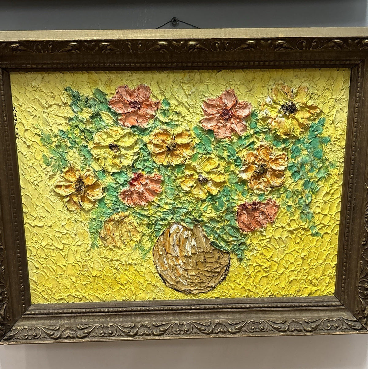 A old heavy impasto still life oil on board painting, from the 1970s