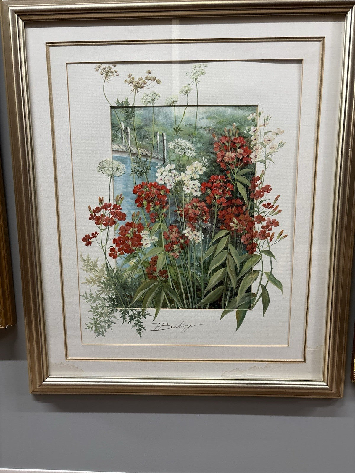 Red floral with bridge water color signed by E. Bucking oil painting framed