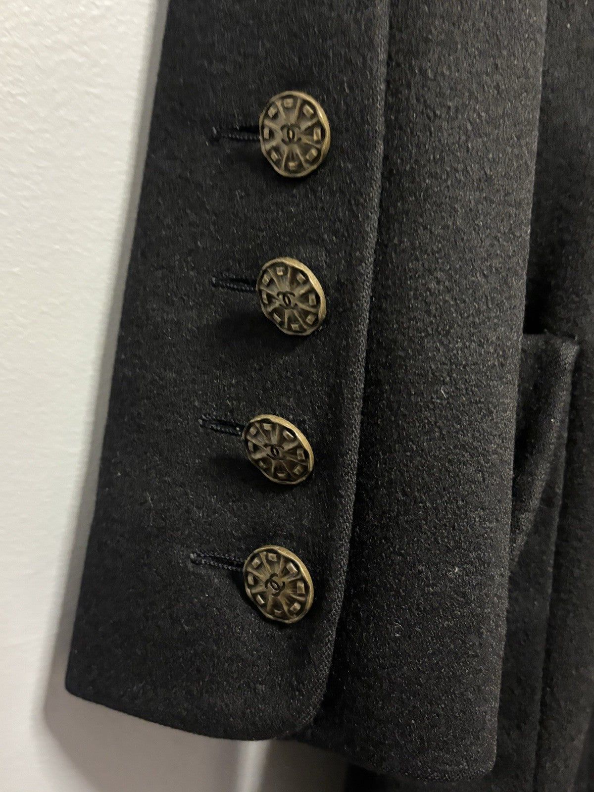 Vintage Chanel Boutique Black Wool Blazer Double-Breasted gold-tone CC buttons