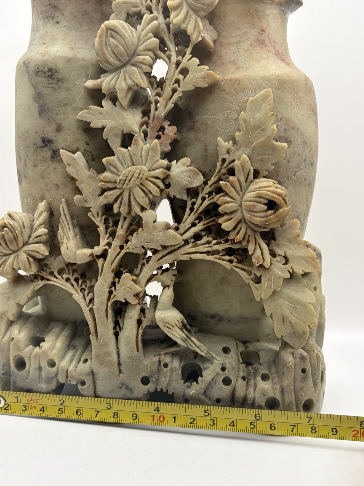 Vintage Chinese hand-carved soapstone double mantle vase