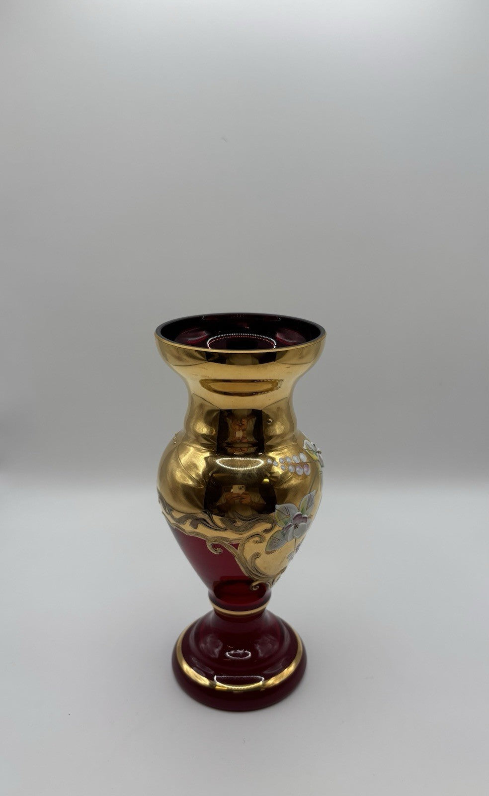 CZECH BOHEMIAN CRYSTAL RUBY RED VASE GILDED RAISED ENAMEL 6.3”