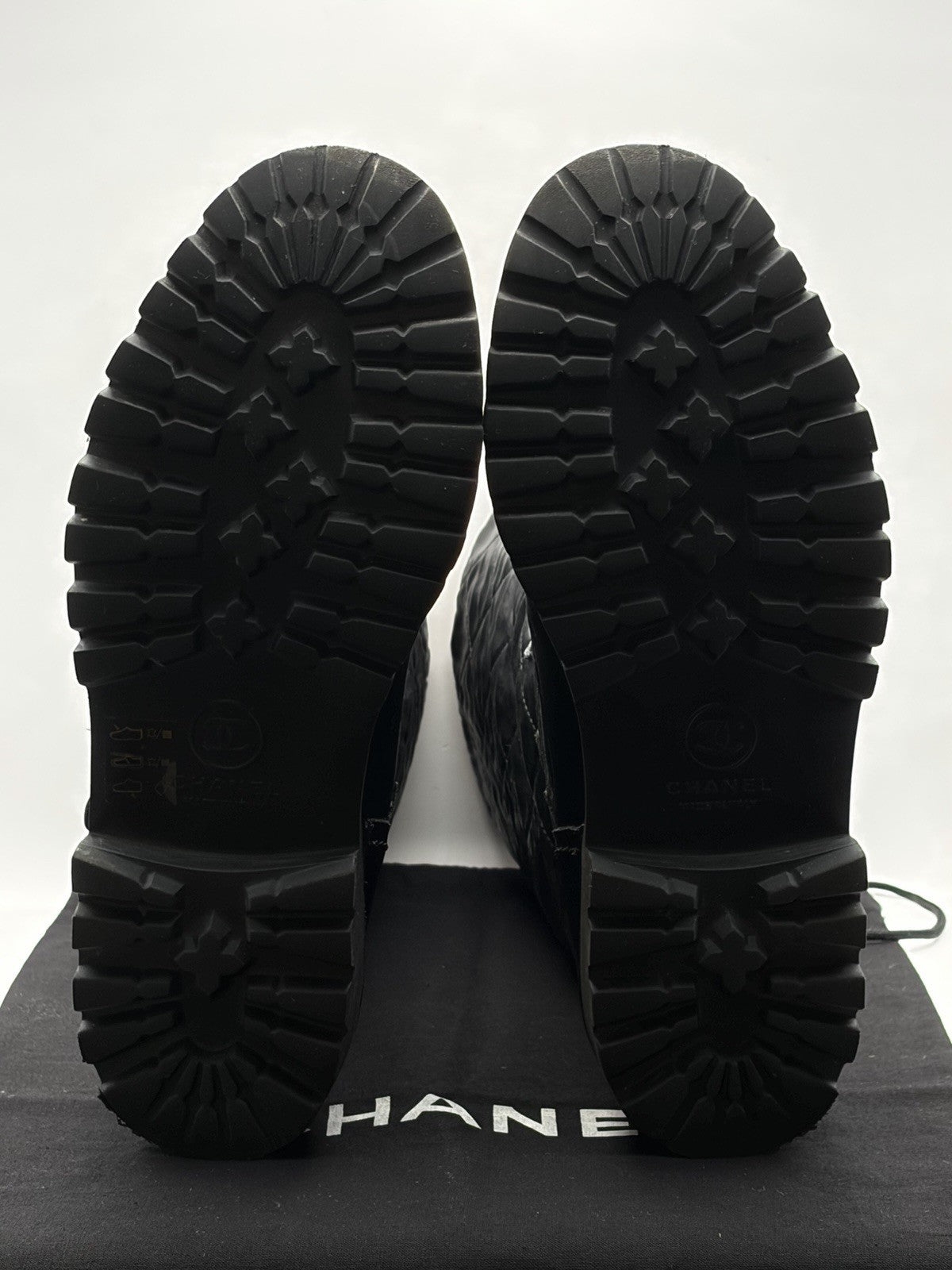 CHANEL CC Logo Quilted Black Leather Moto Biker Combat Boots Size 39