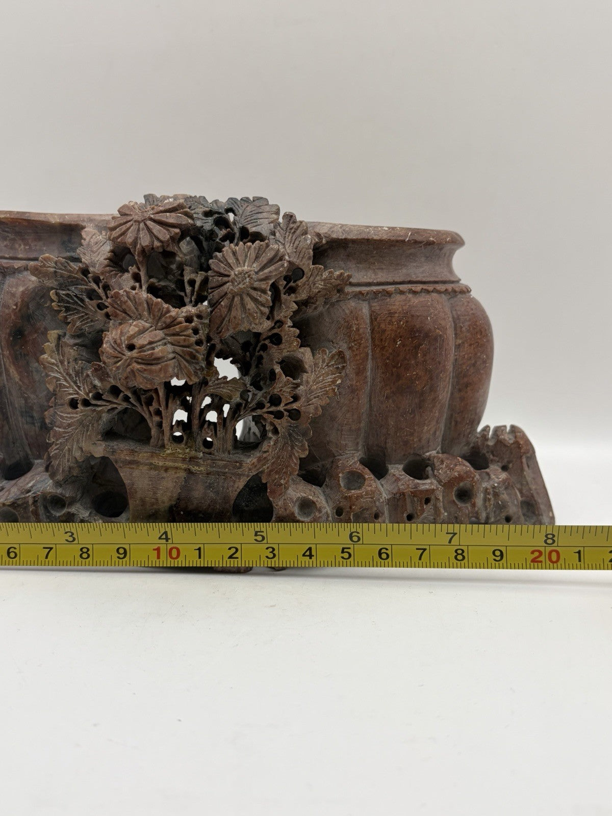 Vintage Chinese hand-carved soapstone double vessel and floral sculpture