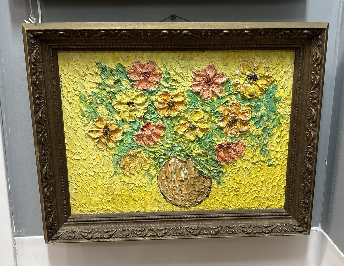 A old heavy impasto still life oil on board painting, from the 1970s