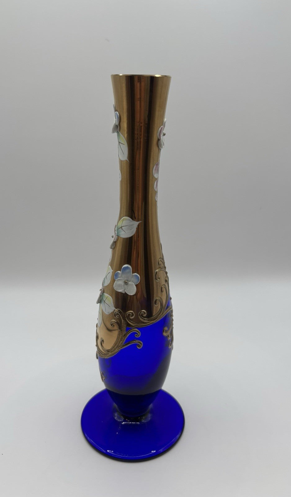 Bohemia Glass Cobalt Blue Gold Encrusted & Raised Enamel Flowers Vase Czech Art