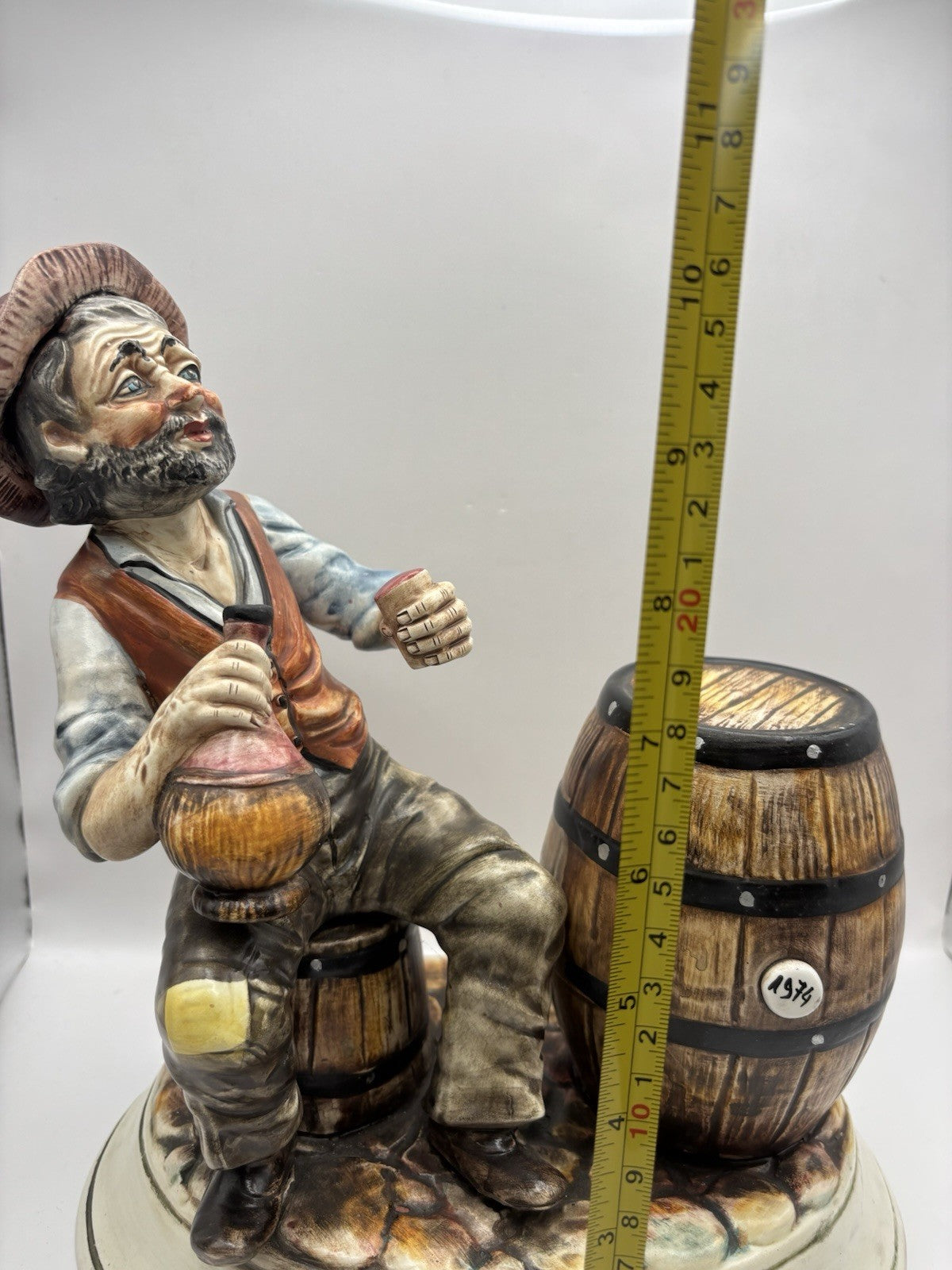Vintage Capodimonte Hobo Tramp 10" Figurine Holding Jug W/Whiskey Barrels Italy
