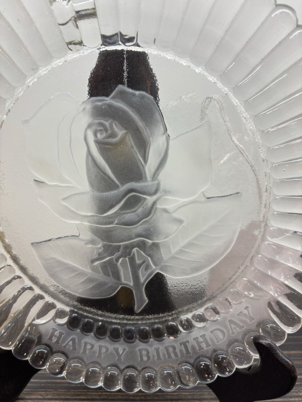 Crystal plate - w happy birthday and a rose