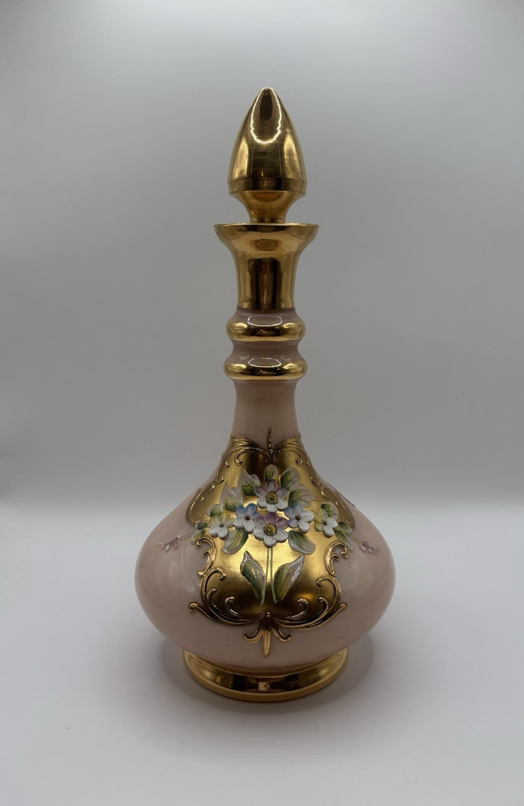Vintage Czech Bohemia Glass Decanters rose Gold with Enameled 3D Flowers Set 2