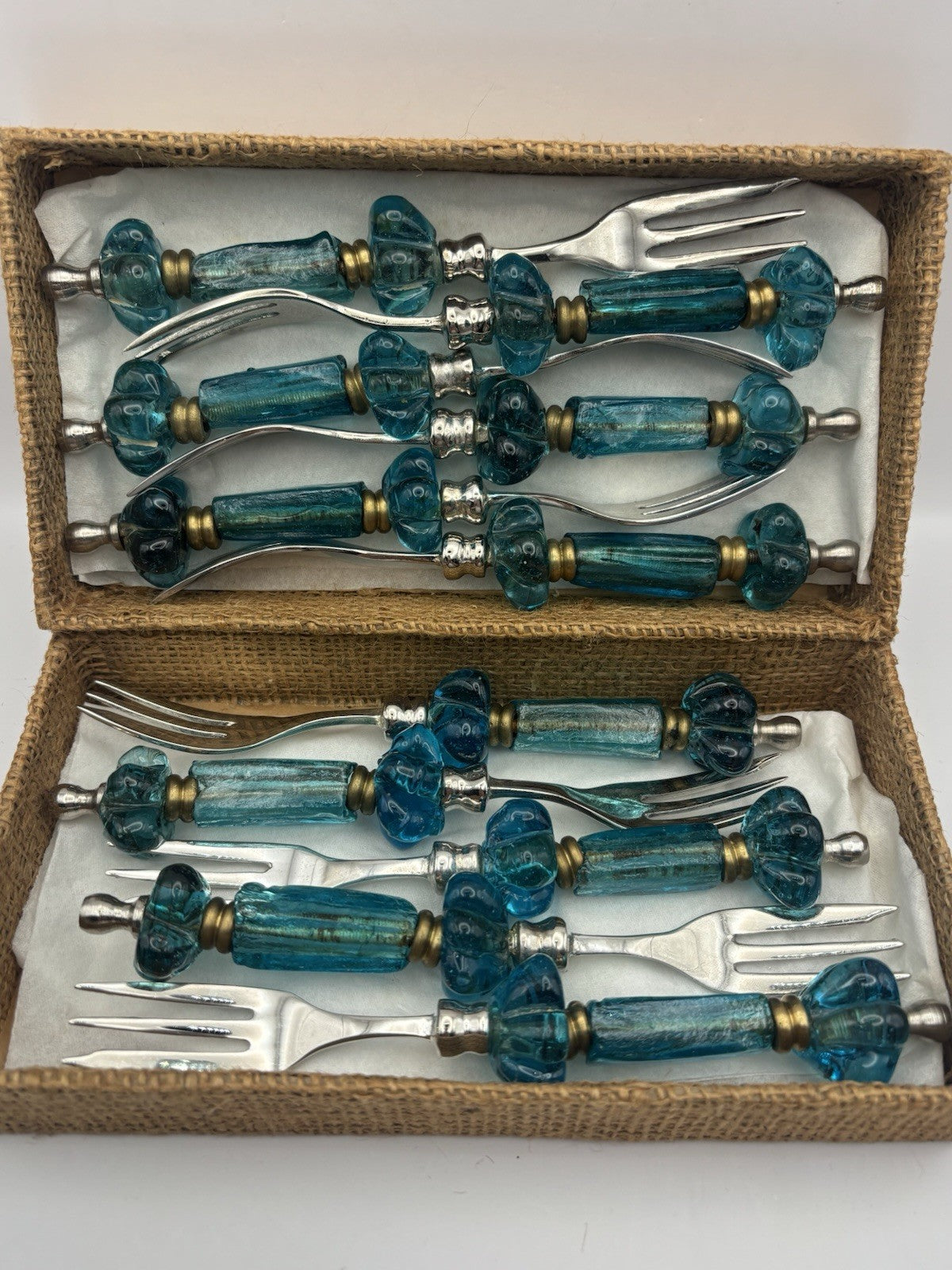 Vintage Turquoise Art Glass Beaded Salad Serving Set Fork W Box
