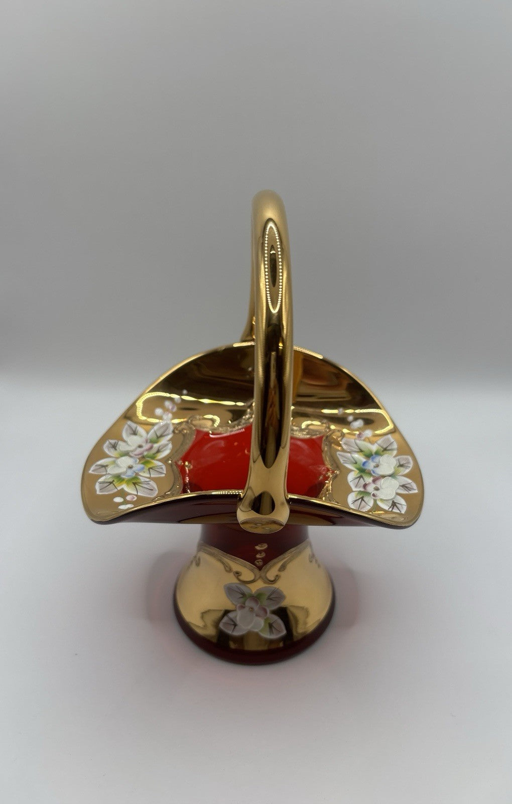 Bohemia Vintage Czech Republic Cranberry Red Glass Basket with Gold Overlay Trim