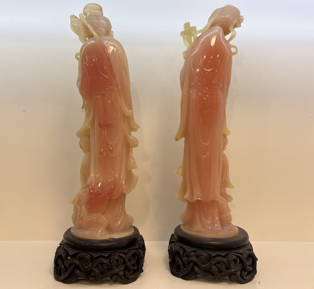 Antique Qing Dynasty Carved Chinese Statues Figurines Wood Stand 16.5”