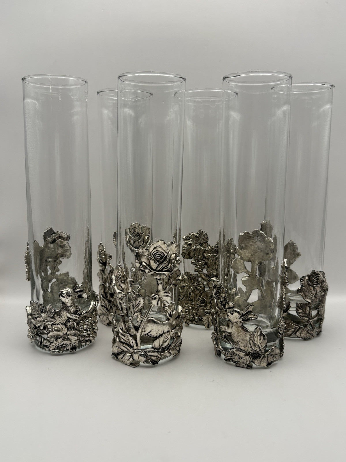 Arthur Court vintage bud vases silver plate rabbit and floral designs on glass.