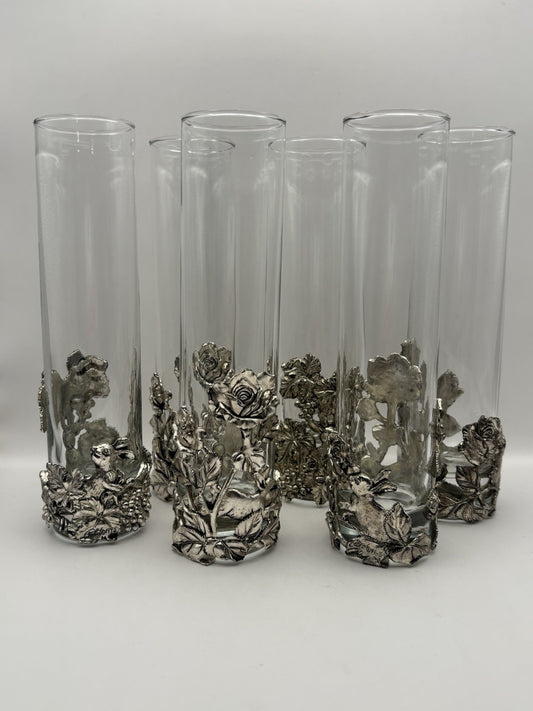Arthur Court vintage bud vases silver plate rabbit and floral designs on glass.