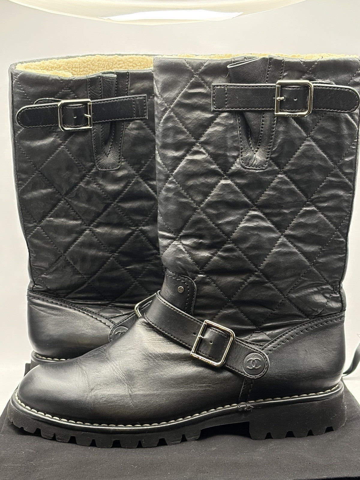 CHANEL CC Logo Quilted Black Leather Moto Biker Combat Boots Size 39