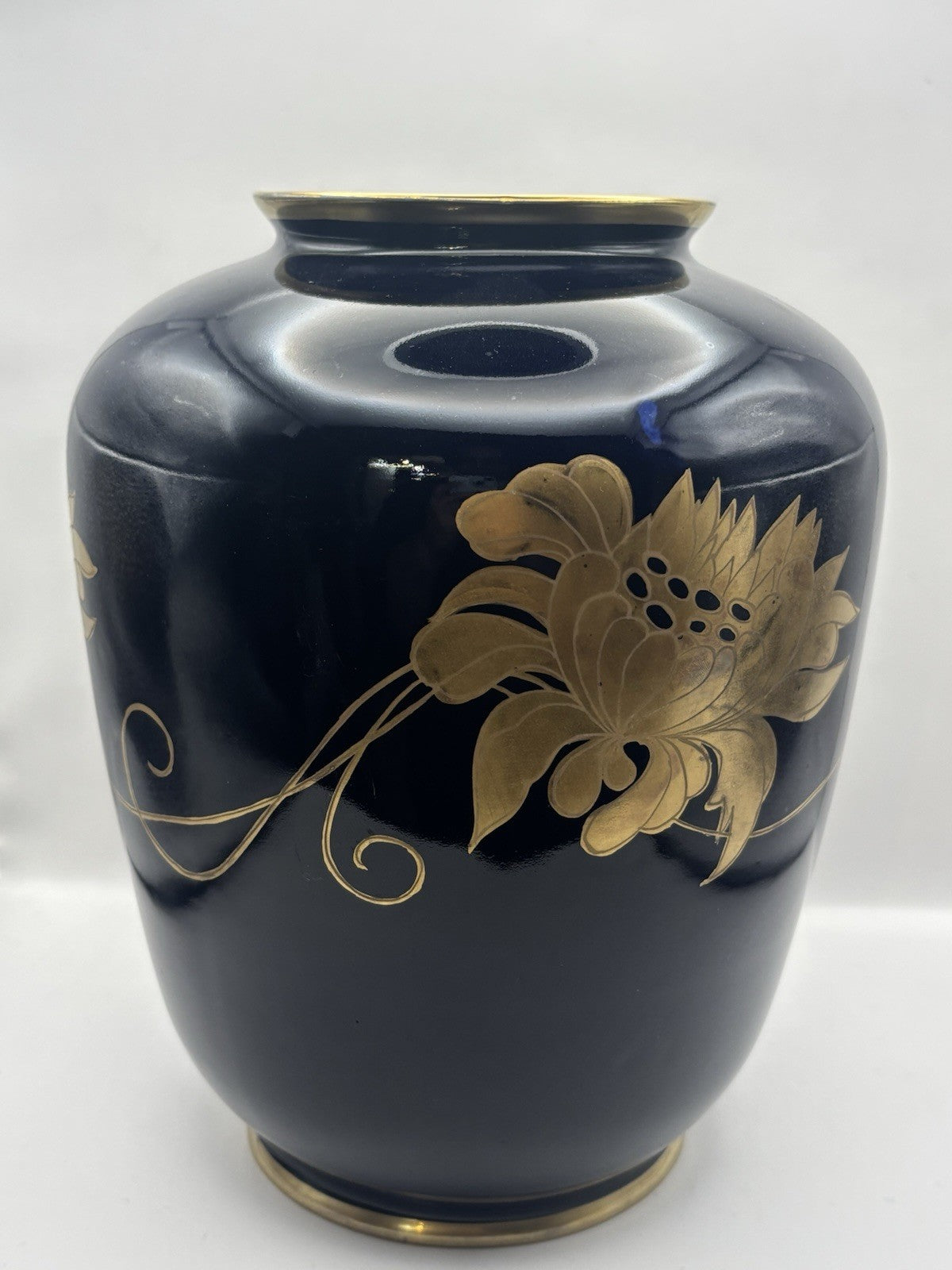 Vtg Large Porcelain Pottery Vase Deep Cobalt Blue w/Gold Flowers Signed