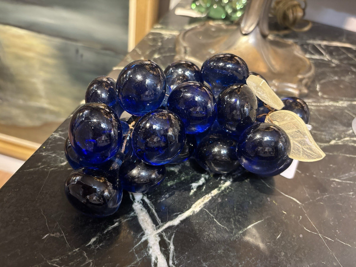 Vintage Purple Solid Glass Grapes Cluuster w/Green Leaves Wire Stems MidMo Vibes