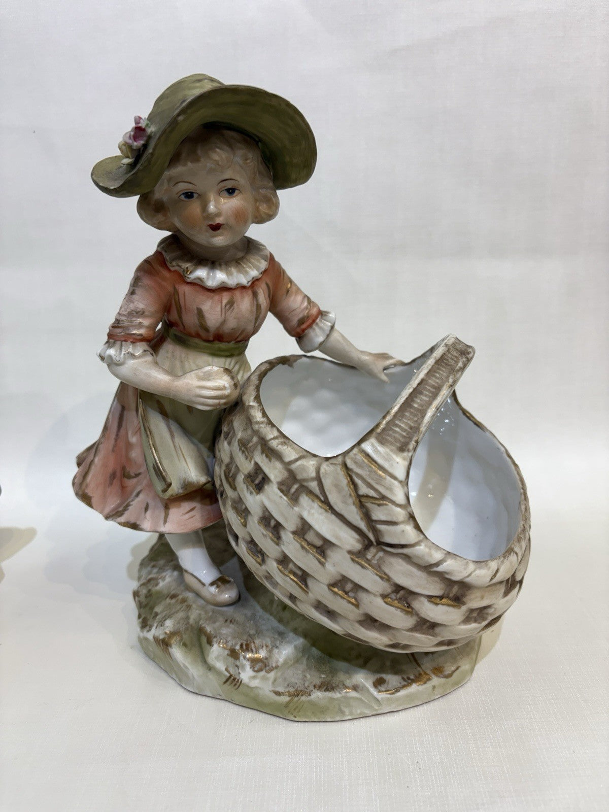 Pair Of Boy And Girl Porcelain Baskets Figurine