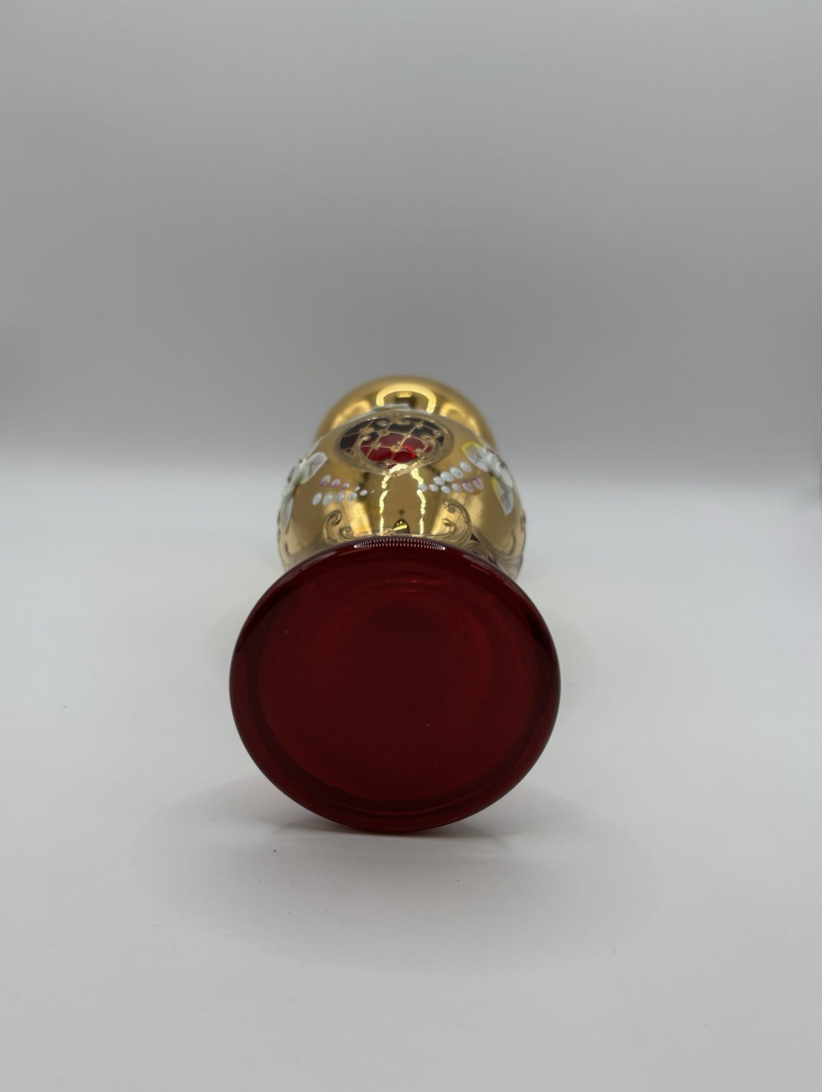 CZECH BOHEMIAN CRYSTAL RUBY RED VASE GILDED RAISED ENAMEL 6.3”