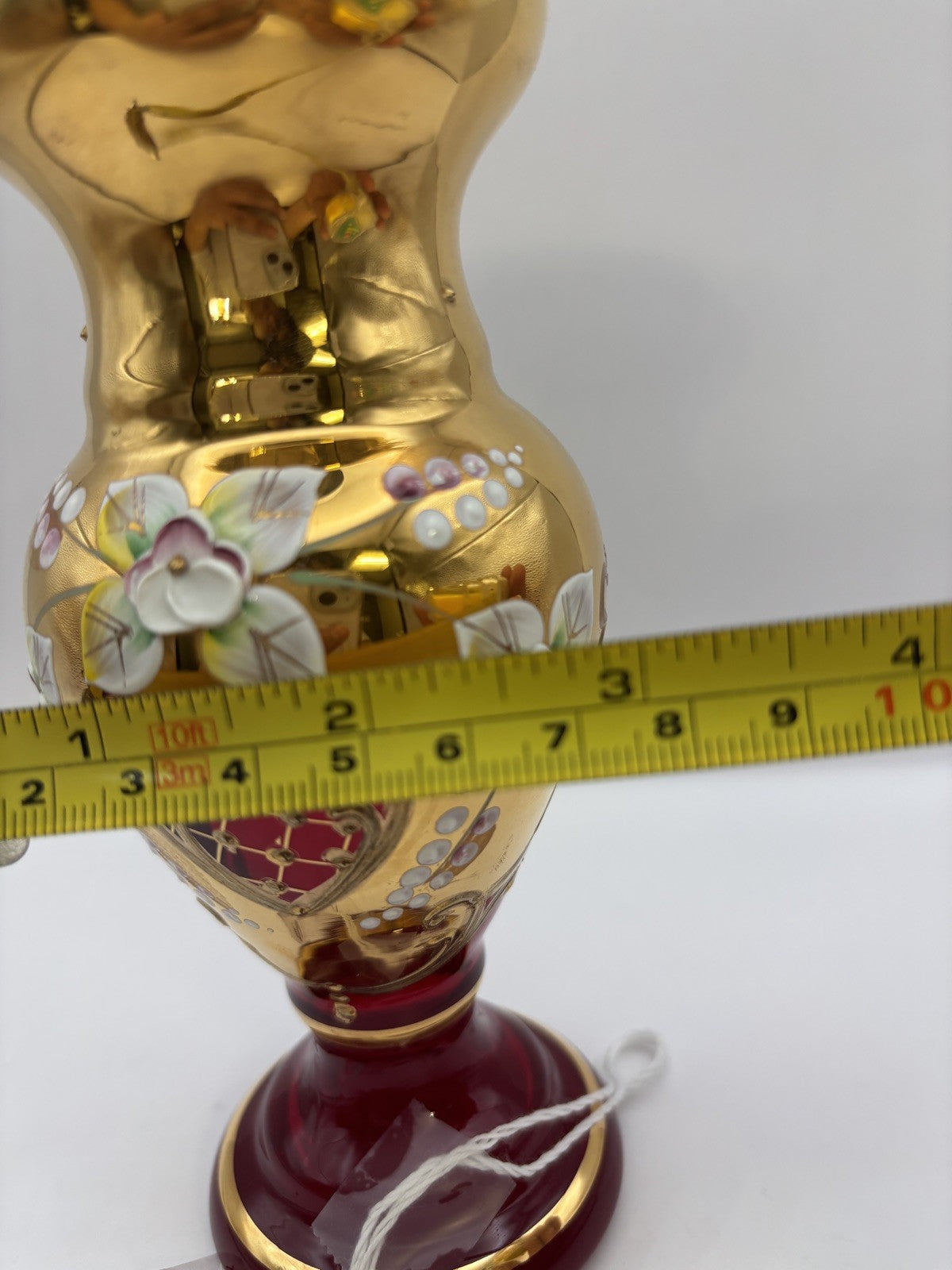 CZECH BOHEMIAN CRYSTAL RUBY RED VASE GILDED RAISED ENAMEL 6.3”