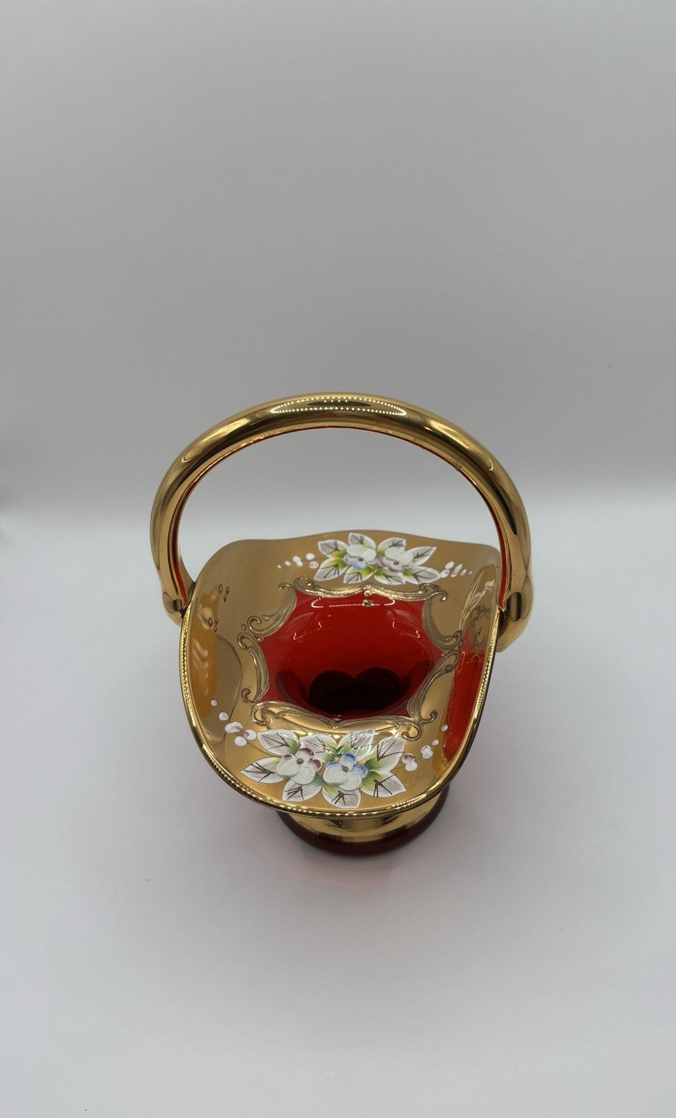 Bohemia Vintage Czech Republic Cranberry Red Glass Basket with Gold Overlay Trim