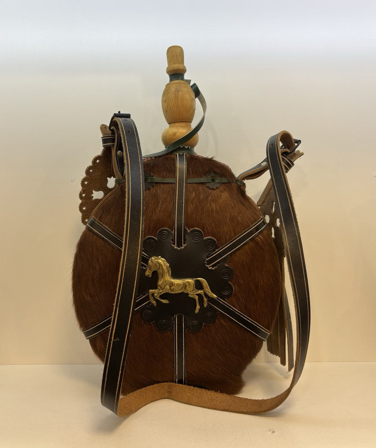 VTG Fur & Leather Wooden Canteen w/ Leather Strap Jug Flask Native American