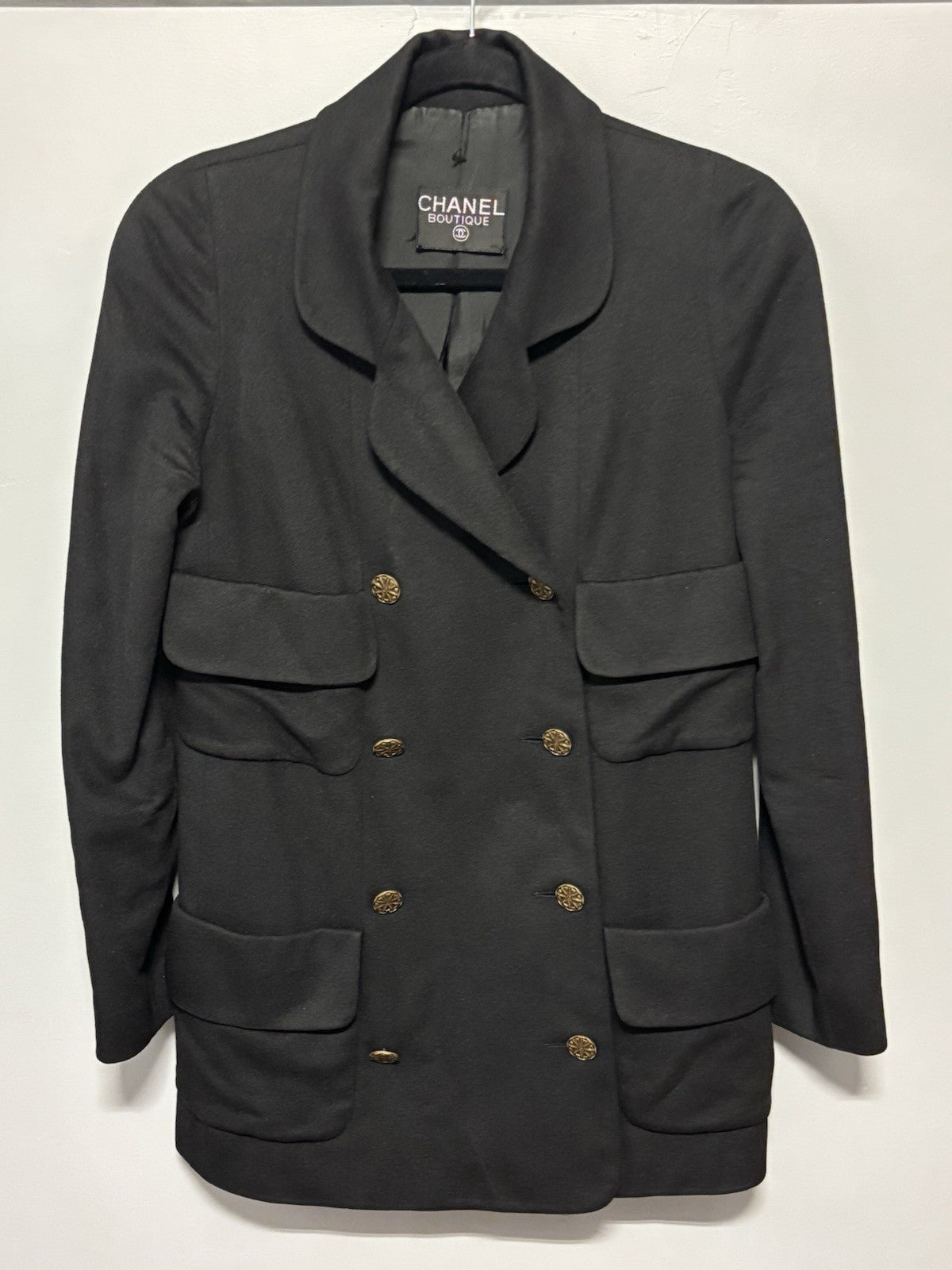Vintage Chanel Boutique Black Wool Blazer Double-Breasted gold-tone CC buttons