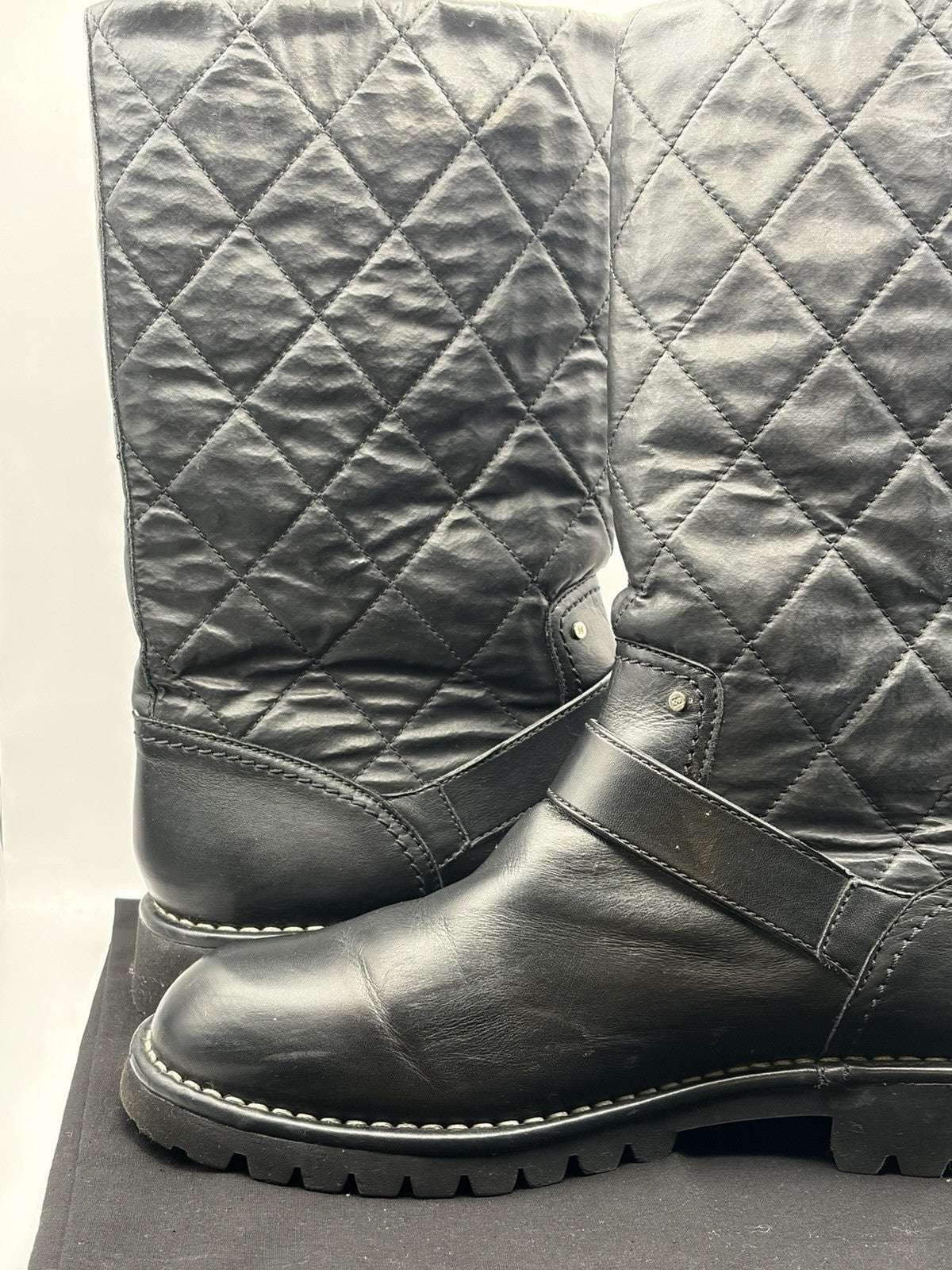 CHANEL CC Logo Quilted Black Leather Moto Biker Combat Boots Size 39