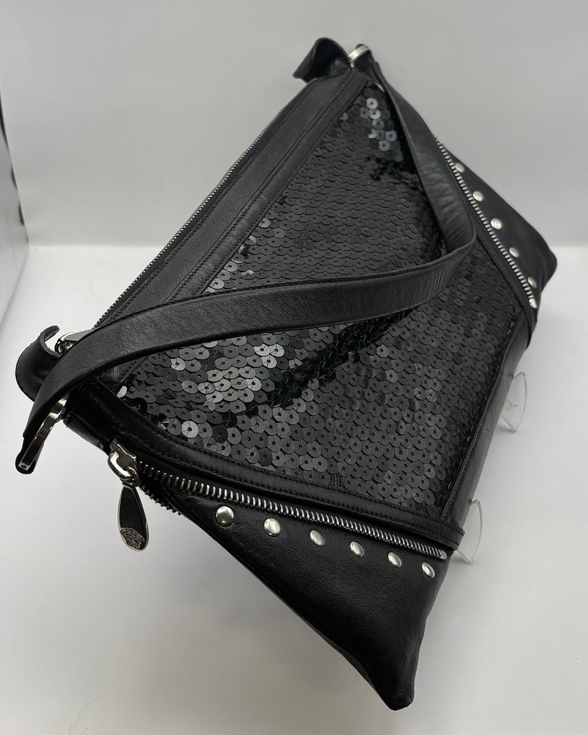 Vintage Versace Black Sequined Shoulder Bag with Leather Strap