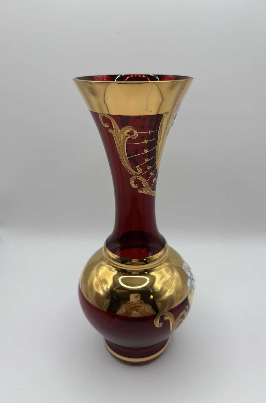 BEAUTIFUL CRYSTAL RUBY RED VASE GILDED RAISED ENAMEL MADE IN CZECH BOHEMIA