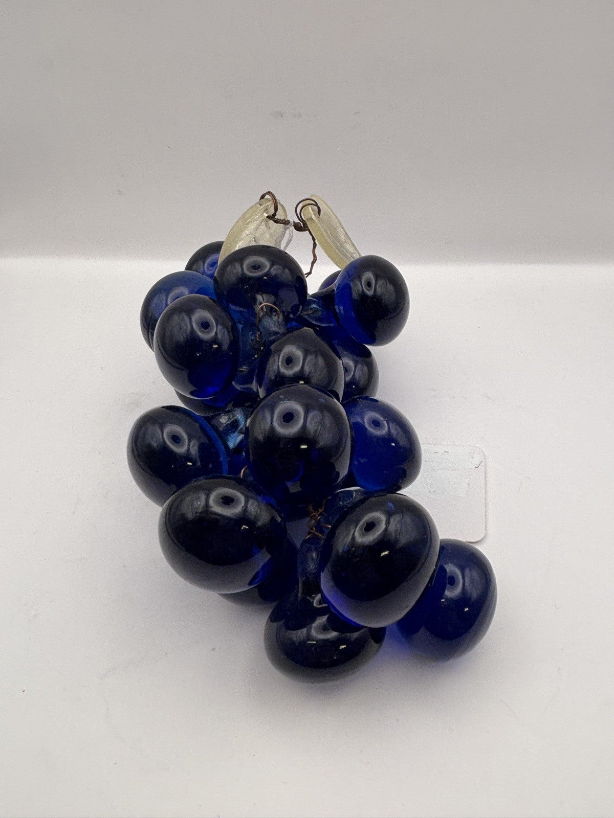 Vintage Purple Solid Glass Grapes Cluuster w/Green Leaves Wire Stems MidMo Vibes