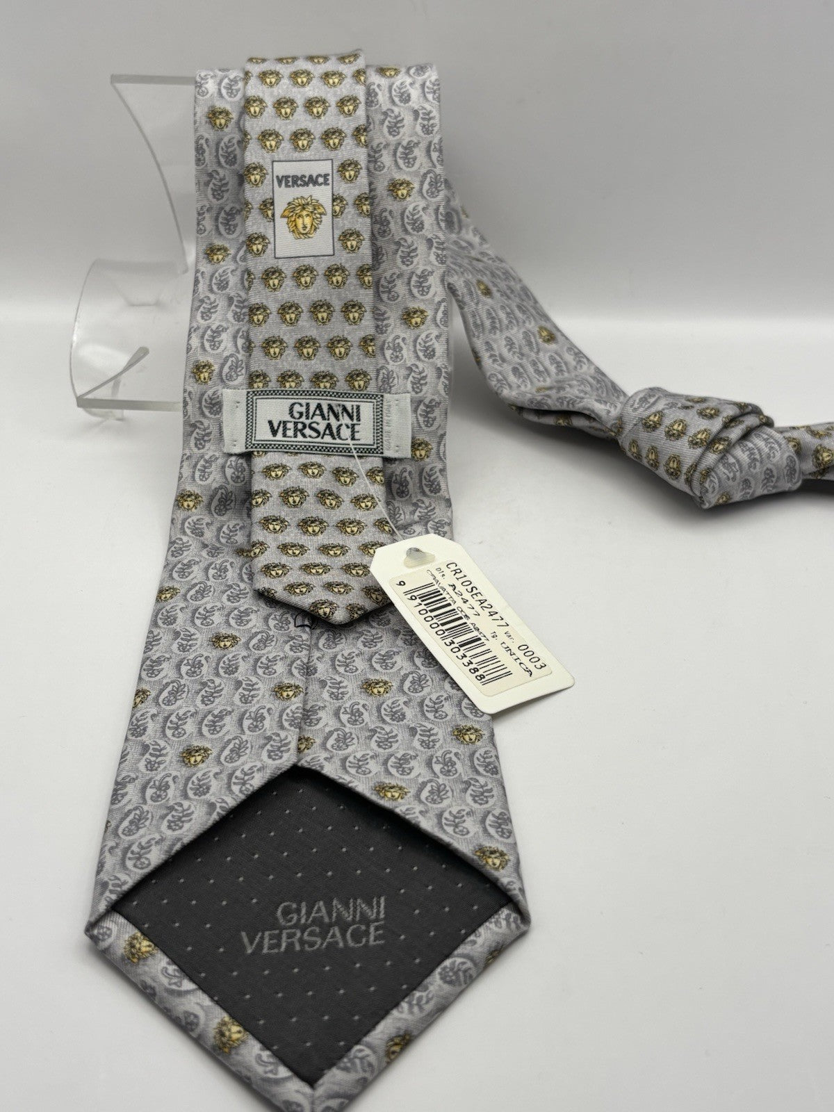 Gianni Versace  gray silk necktie Baroque-monogram Pattern Medusa head logo.